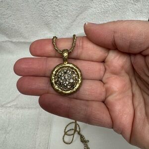 Lia Sophia Long Gold Necklace w/ Hammered Pendant & Clear Crystals, 26” long